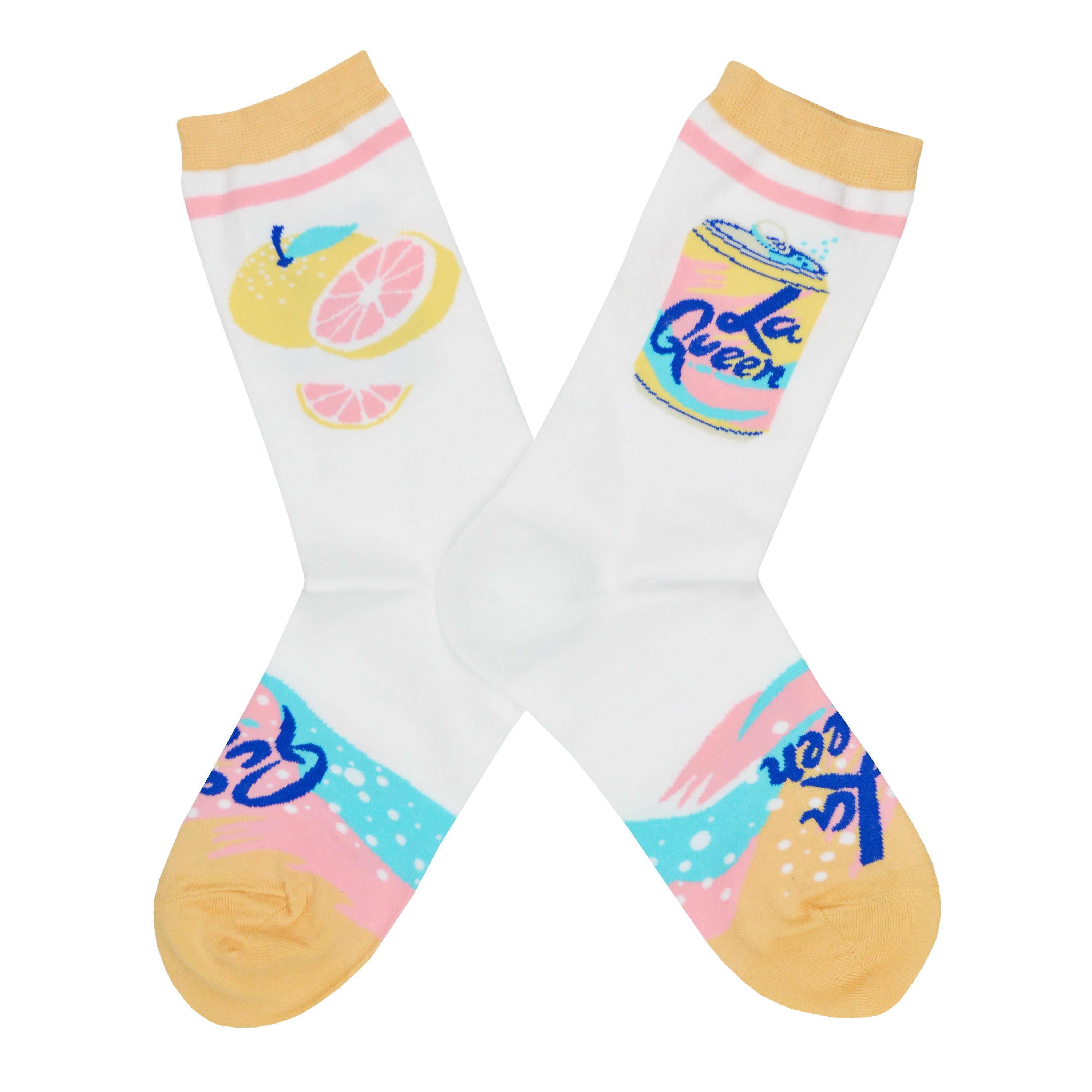 These white cotton cute women's crew socks with a peach toe and cuff by the brand Yellow Owl Workshop feature a can that says 