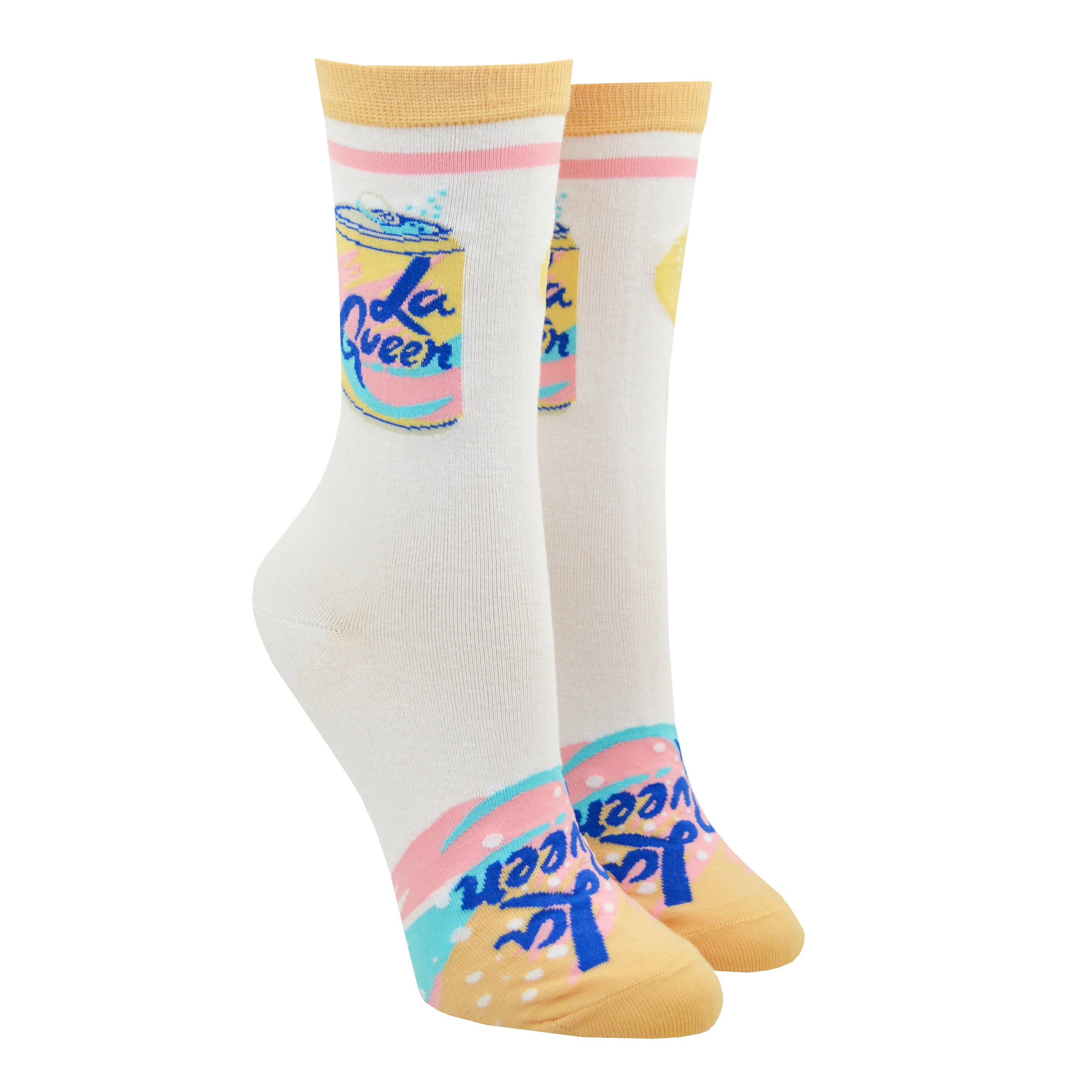 Shown on a leg form, these white cotton cute women's crew socks with a peach toe and cuff by the brand Yellow Owl Workshop feature a can that says 