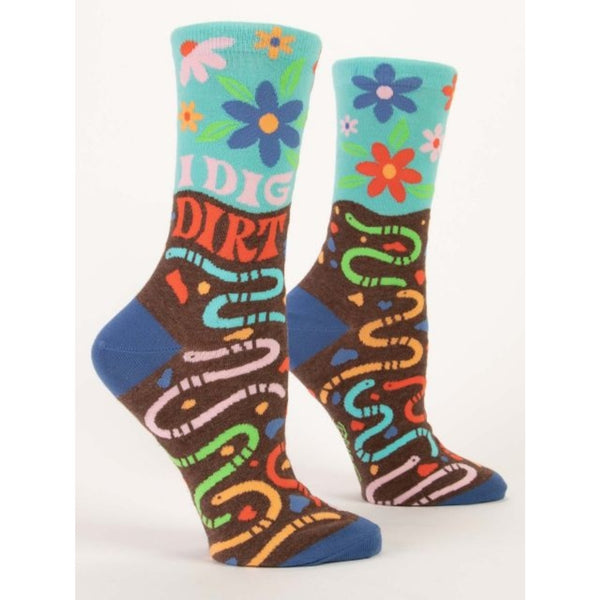 crew length socks on foot forms with colorful flowers, text that reads "i dig dirt" and multicolor worms and confetti on a heather brown background