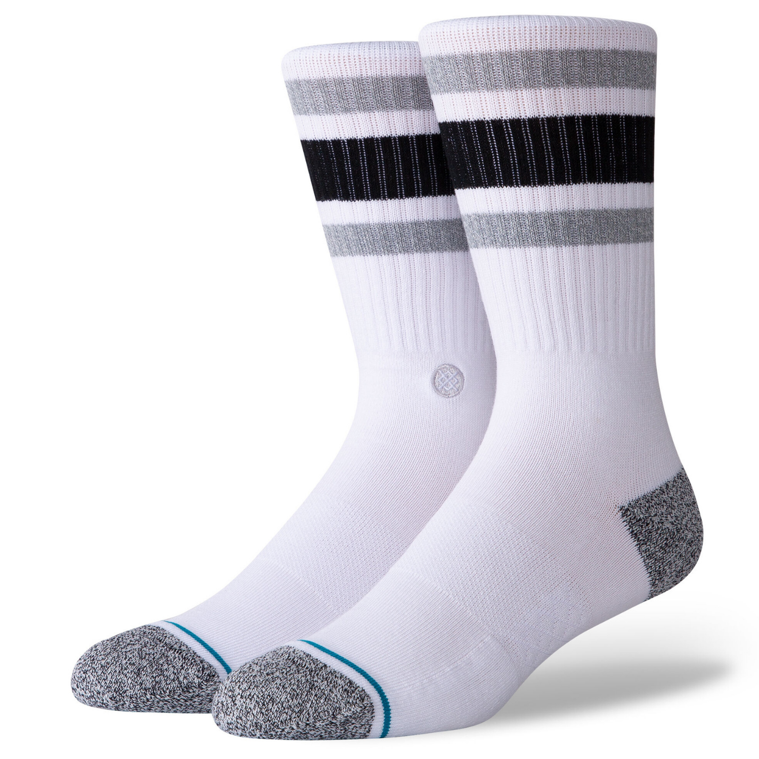 a pair of white mid calf socks seen on a foot form, featuring a heather grey toe and heel with 3 monochromatic stripes near the cuff