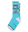 Flatlay image of blue crew socks with gray & black stripe patterns & text that reads "OWNER OF THE WORLD'S CUTEST CAT"