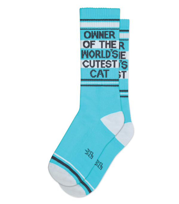 Flatlay image of blue crew socks with gray & black stripe patterns & text that reads "OWNER OF THE WORLD'S CUTEST CAT"