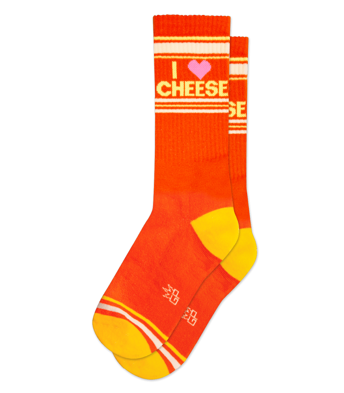 In flatlay, a pair of orange crew socks with yellow heels, off-white and yellow stripe patterns near the toe and ankle, and yellow text that states 