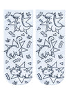 white socks with black dinosaurs and geometric shapes