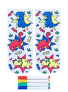 white socks with a dinosaur print that has been colored in primary colors with four fabric markers displayed below