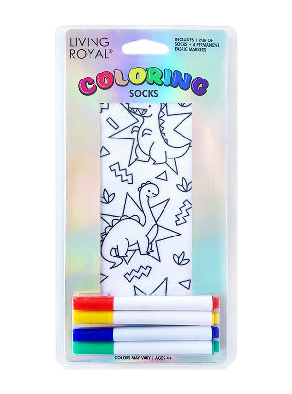 plastic clamshell packaging showing white socks with dinosaurs in black and four primary fabric markers
