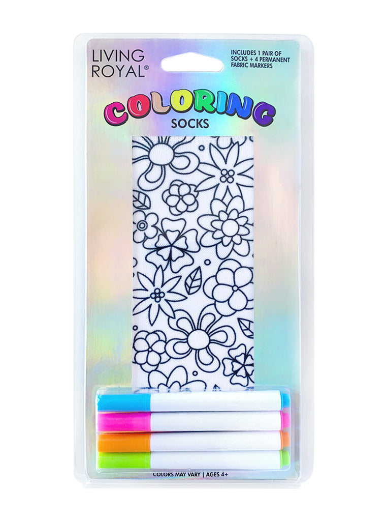 plastic clamshell packaging holding flower printed socks and four neon color fabric markers