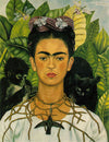 The self portrait of Frida Kahlo by Frida Kahlo that depicts her with a small monkey and a black cat.