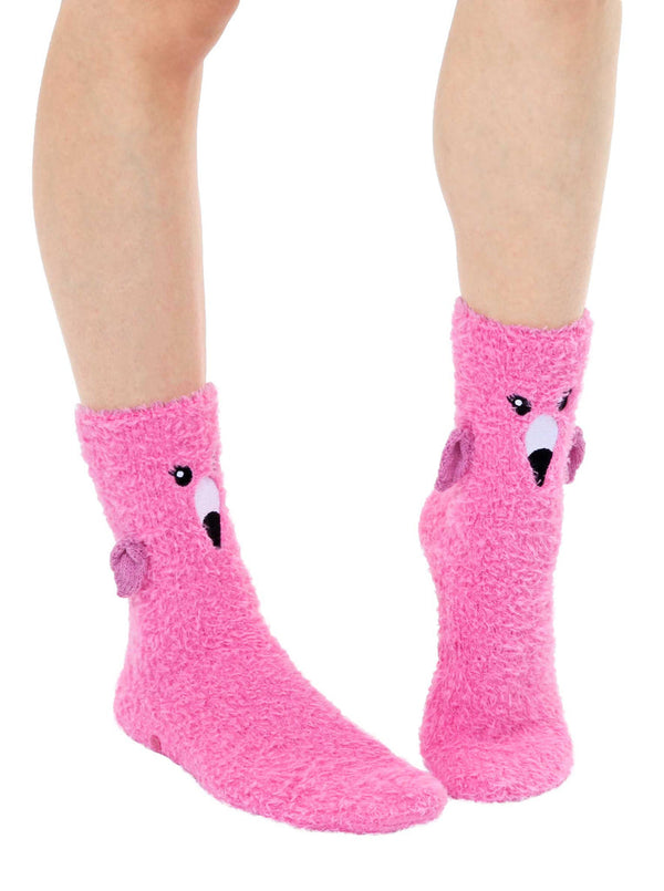 a pair of feet wearing pink fuzzy socks with little 3D wings, beak, and black embroidered eyes