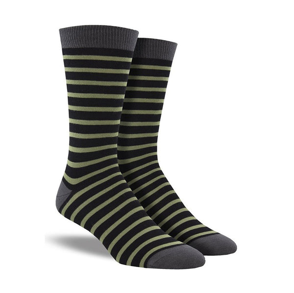 Shown on a foot form, a pair of Socksmith's bamboo men's crew socks with gray cuff/heel/toe and thin stripes of black and green