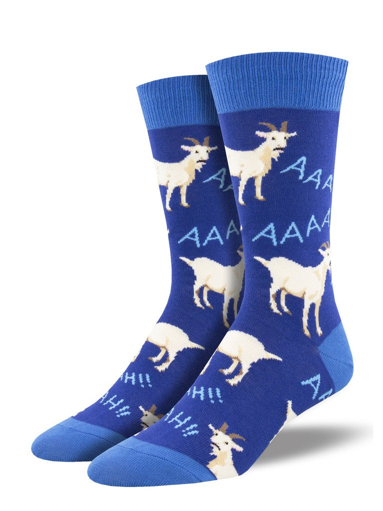 Shown on a foot form, a pair of Socksmith's blue cotton men's crew socks with light blue heel/cuff/toe, screaming white billy goats and “AAAAH!!” text in an all-over pattern