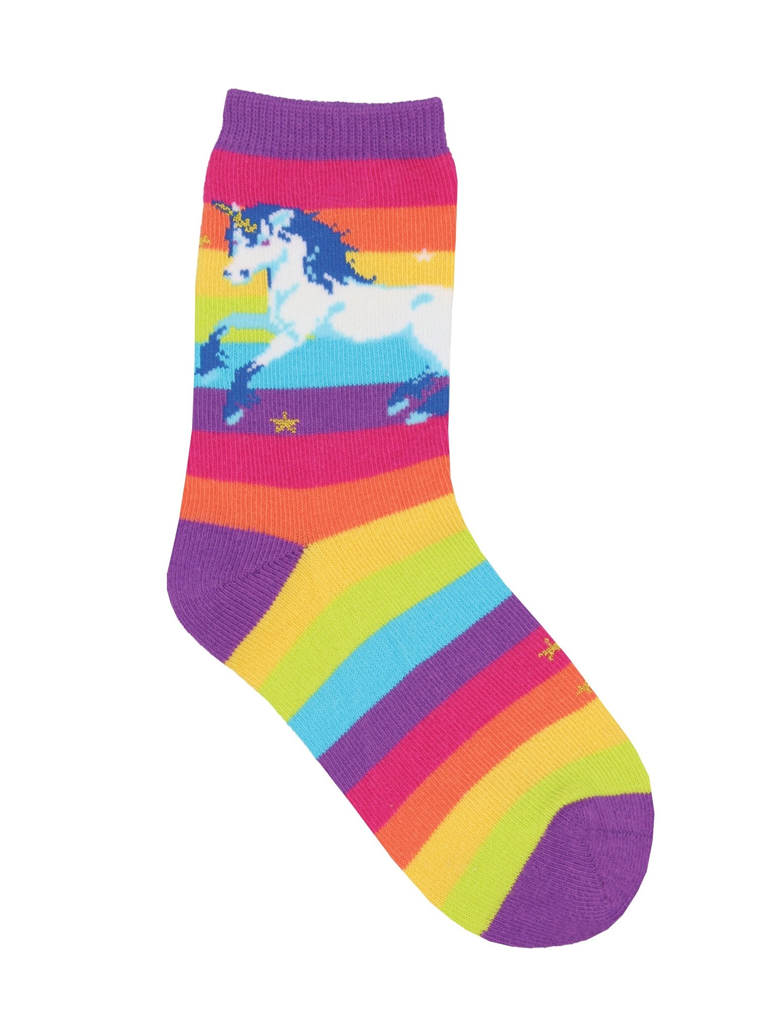 A single Sock Smith Brand kids cotton crew length sock with a white unicorn design on a neon striped sock. The cuff, heel, and toe are all vibrant purple.