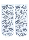 a pair of white socks with a black outline design of spaceships and planets