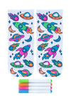 a pair of white socks with a pattern of spaceships and planets that have been colored in with the four colors of neon markers