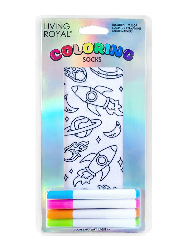 plastic clamshell packaging containing a pair of white spaceship socks and four neon fabric markers